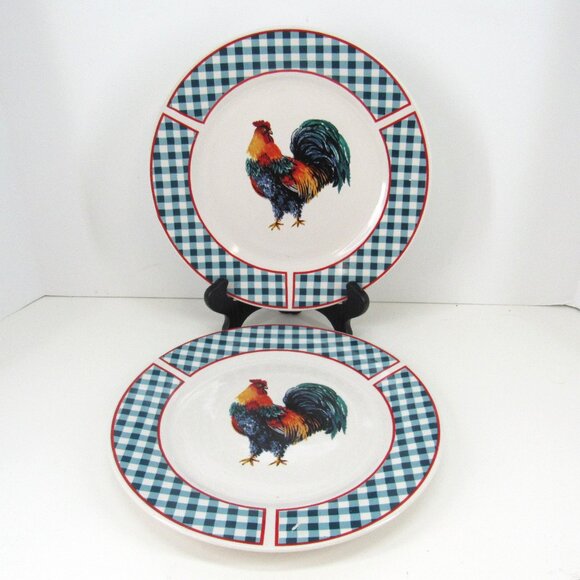 Queen's Blue Gingham Rooster Plate 10 1/2 Inch Dinner Plate Retired Lot of 2 - Picture 1 of 7
